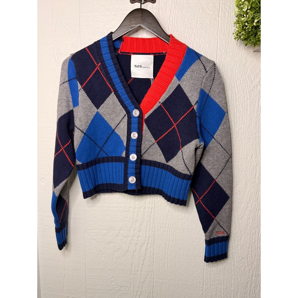 525 America Shrunken Argyle Cardigan Blue Iolite Combo Red V-Neck